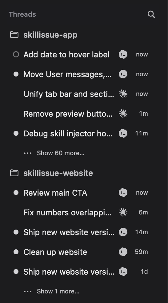 Skill Issue conversations sidebar showing project threads from multiple tools and recent activity.