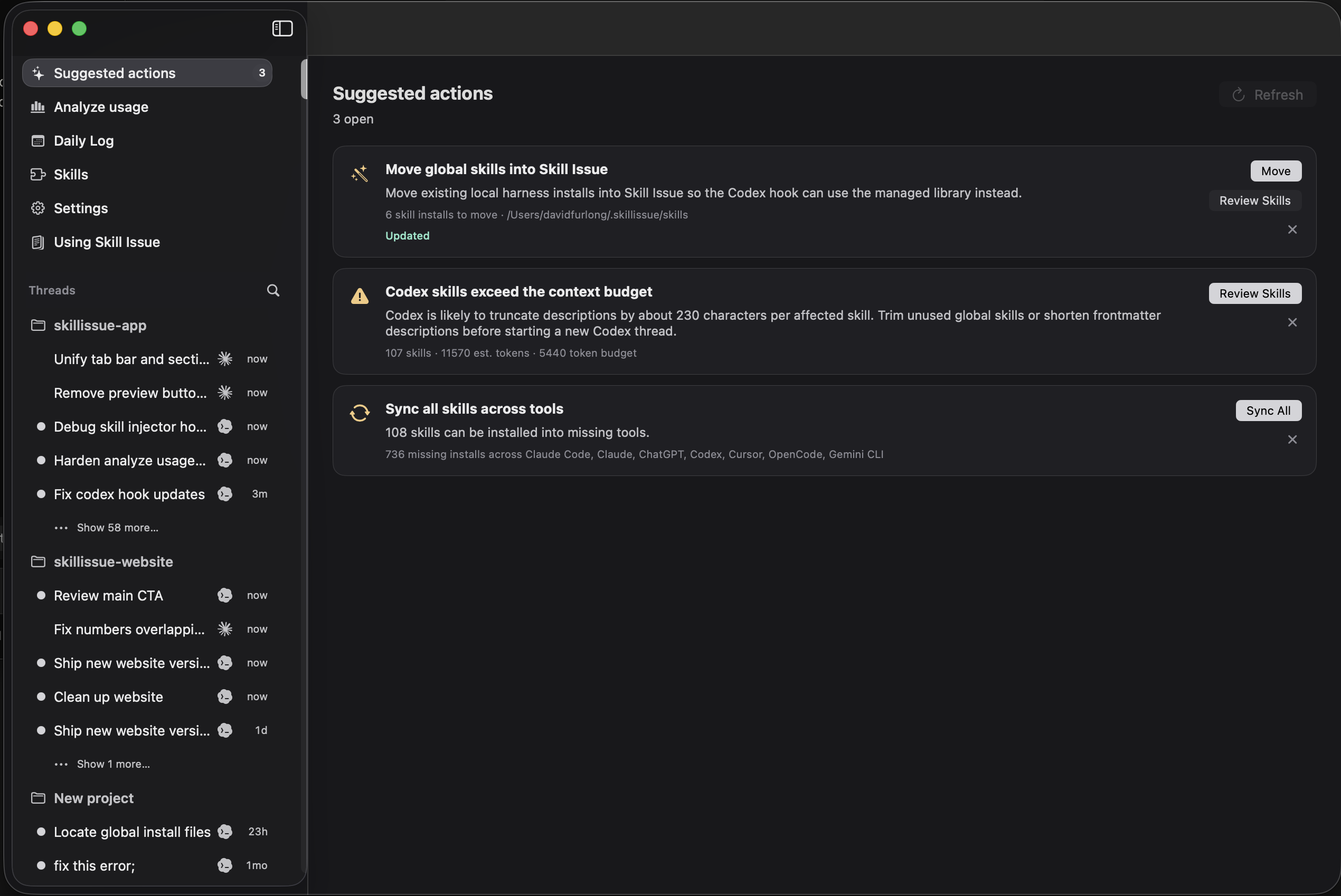 Skill Issue Suggested actions screen with recommendations to move global skills, review context budget, and sync skills across tools.